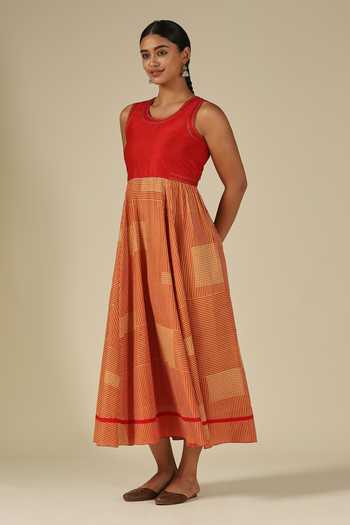 Shop_LATHA PUTTANNA_Red Silk Embroidery Round , Keyhole Thread Dress _Online_at_Aza_Fashions