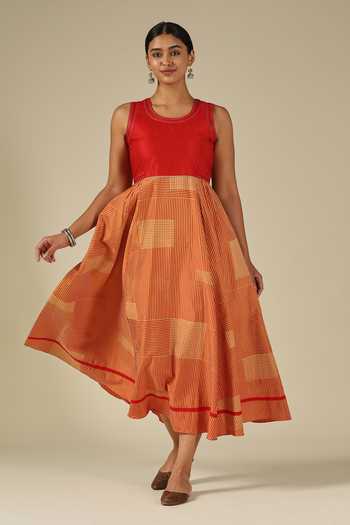 LATHA PUTTANNA_Red Silk Embroidery Round , Keyhole Thread Dress _at_Aza_Fashions