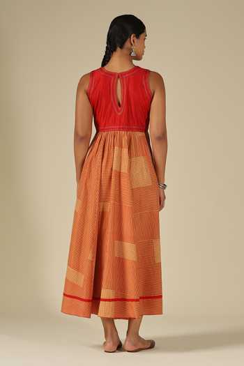 Shop_LATHA PUTTANNA_Red Silk Embroidery Round , Keyhole Thread Dress _at_Aza_Fashions