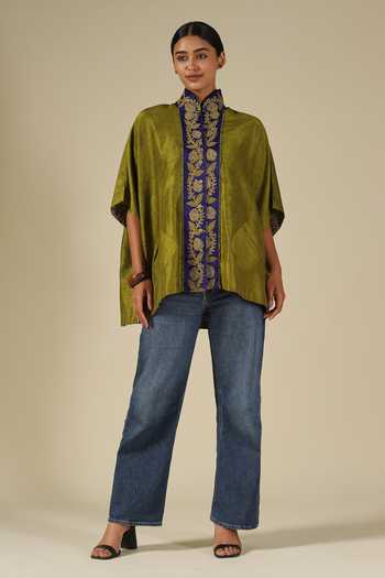 LATHA PUTTANNA_Olive Green Silk Embroidery Mandarin Collar Thread Top _Online_at_Aza_Fashions
