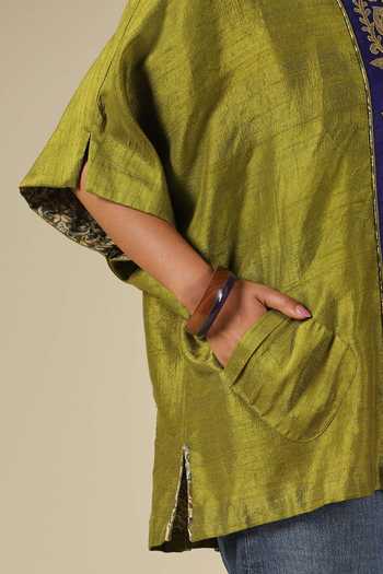 Buy_LATHA PUTTANNA_Olive Green Silk Embroidery Mandarin Collar Thread Top _Online_at_Aza_Fashions