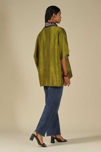 Shop_LATHA PUTTANNA_Olive Green Silk Embroidery Mandarin Collar Thread Top _Online_at_Aza_Fashions