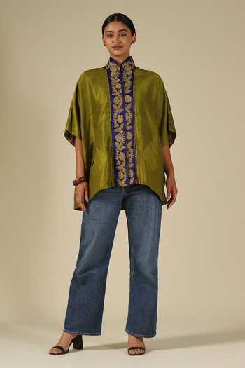 LATHA PUTTANNA_Olive Green Silk Embroidery Mandarin Collar Thread Top _at_Aza_Fashions