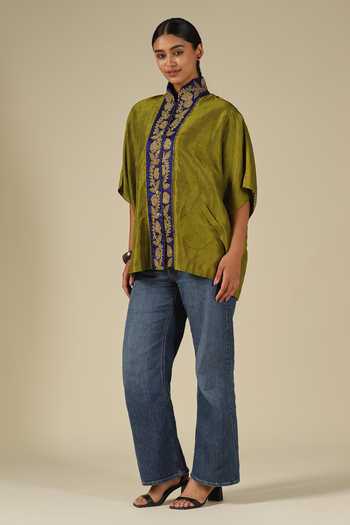Buy_LATHA PUTTANNA_Olive Green Silk Embroidery Mandarin Collar Thread Top 