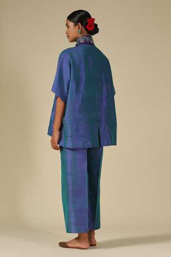 Shop_LATHA PUTTANNA_Teal Silk Embroidery Mandarin Collar Placket Top _at_Aza_Fashions