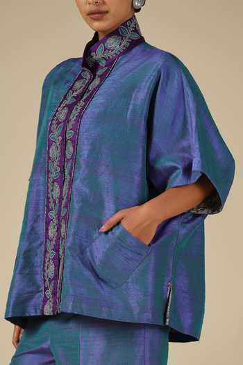 LATHA PUTTANNA_Teal Silk Embroidery Mandarin Collar Placket Top _Online_at_Aza_Fashions