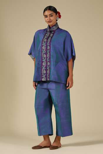Buy_LATHA PUTTANNA_Teal Silk Embroidery Mandarin Collar Placket Top _Online_at_Aza_Fashions