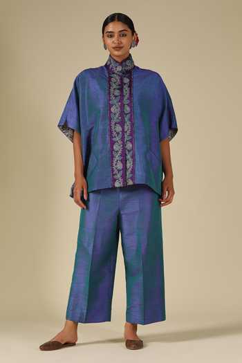 Shop_LATHA PUTTANNA_Teal Silk Embroidery Mandarin Collar Placket Top _Online_at_Aza_Fashions
