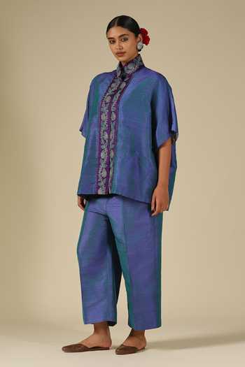 LATHA PUTTANNA_Teal Silk Embroidery Mandarin Collar Placket Top _at_Aza_Fashions
