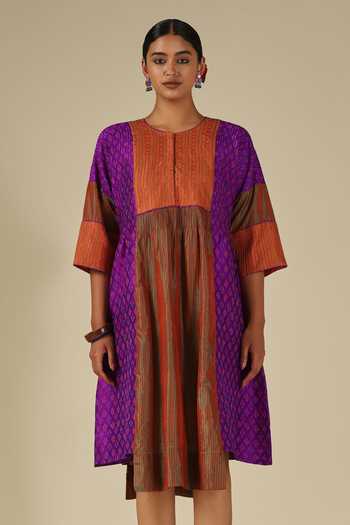 LATHA PUTTANNA_Purple Silk Embroidery Round Neck Ikat Karnataka Dress _Online_at_Aza_Fashions