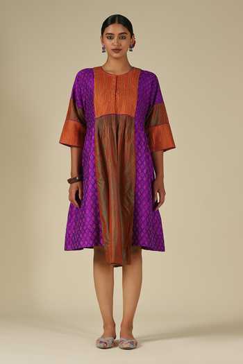 Buy_LATHA PUTTANNA_Purple Silk Embroidery Round Neck Ikat Karnataka Dress _Online_at_Aza_Fashions