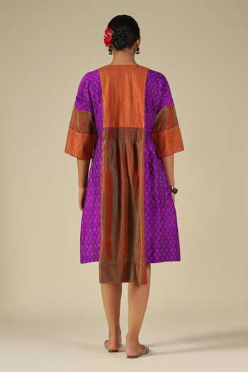 Shop_LATHA PUTTANNA_Purple Silk Embroidery Round Neck Ikat Karnataka Dress _at_Aza_Fashions