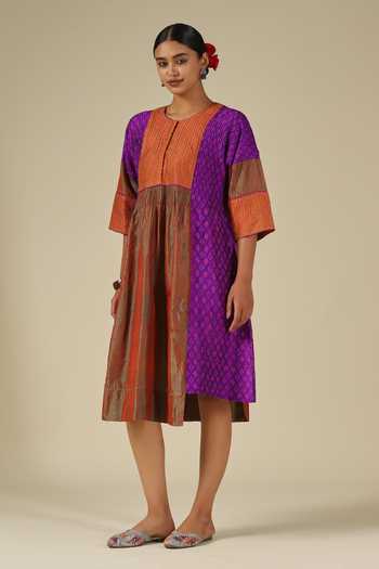 Shop_LATHA PUTTANNA_Purple Silk Embroidery Round Neck Ikat Karnataka Dress _Online_at_Aza_Fashions