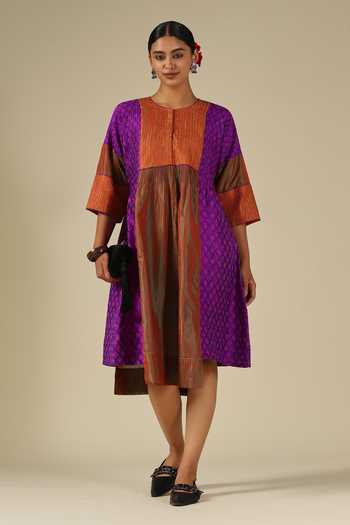 LATHA PUTTANNA_Purple Silk Embroidery Round Neck Ikat Karnataka Dress _at_Aza_Fashions