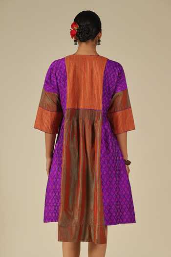 Buy_LATHA PUTTANNA_Purple Silk Embroidery Round Neck Ikat Karnataka Dress 