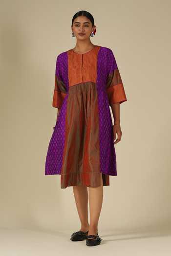 Shop_LATHA PUTTANNA_Purple Silk Embroidery Round Neck Ikat Karnataka Dress 