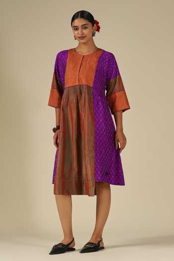 LATHA PUTTANNA_Purple Silk Embroidery Round Neck Ikat Karnataka Dress _Online
