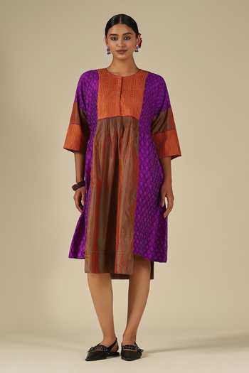 Buy_LATHA PUTTANNA_Purple Silk Embroidery Round Neck Ikat Karnataka Dress _Online