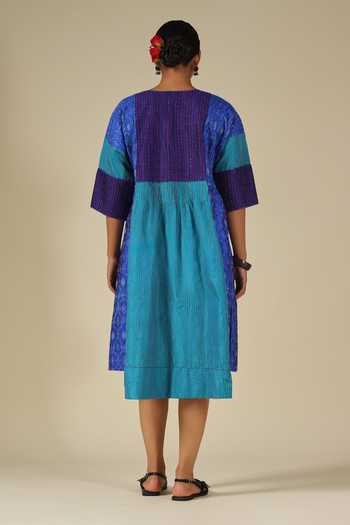 Shop_LATHA PUTTANNA_Blue Silk Embroidery Round Neck Ikat Panelled Dress _at_Aza_Fashions