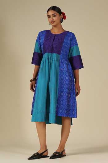 LATHA PUTTANNA_Blue Silk Embroidery Round Neck Ikat Panelled Dress _Online_at_Aza_Fashions