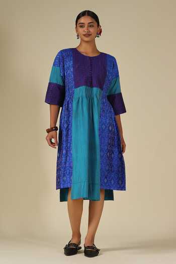 Buy_LATHA PUTTANNA_Blue Silk Embroidery Round Neck Ikat Panelled Dress _Online_at_Aza_Fashions