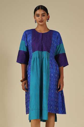 Shop_LATHA PUTTANNA_Blue Silk Embroidery Round Neck Ikat Panelled Dress _Online_at_Aza_Fashions