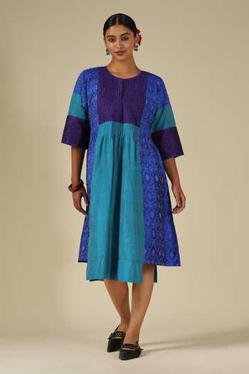 Buy_LATHA PUTTANNA_Blue Silk Embroidery Round Neck Ikat Panelled Dress _at_Aza_Fashions