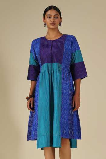 LATHA PUTTANNA_Blue Silk Embroidery Round Neck Ikat Panelled Dress _at_Aza_Fashions