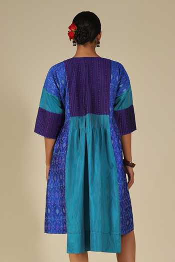 Buy_LATHA PUTTANNA_Blue Silk Embroidery Round Neck Ikat Panelled Dress 