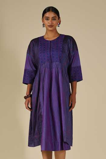 LATHA PUTTANNA_Blue Silk Embroidery Round Neck Thread Midi Dress _Online_at_Aza_Fashions