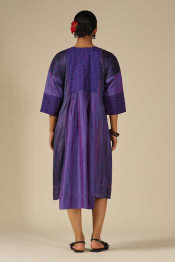 Shop_LATHA PUTTANNA_Blue Silk Embroidery Round Neck Thread Midi Dress _at_Aza_Fashions