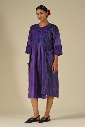 Buy_LATHA PUTTANNA_Blue Silk Embroidery Round Neck Thread Midi Dress _Online_at_Aza_Fashions