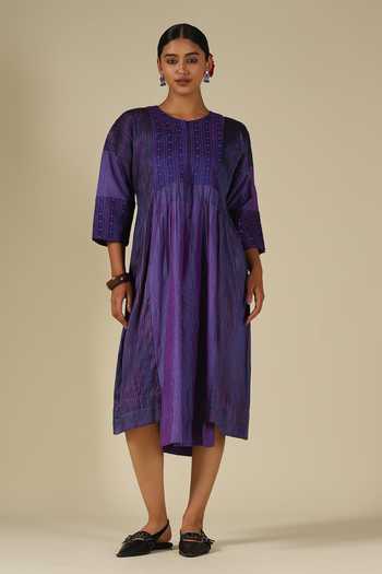 Shop_LATHA PUTTANNA_Blue Silk Embroidery Round Neck Thread Midi Dress _Online_at_Aza_Fashions