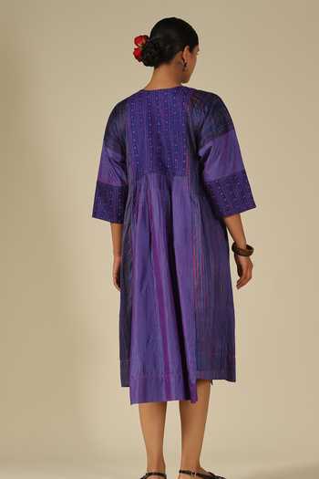 LATHA PUTTANNA_Blue Silk Embroidery Round Neck Thread Midi Dress _at_Aza_Fashions