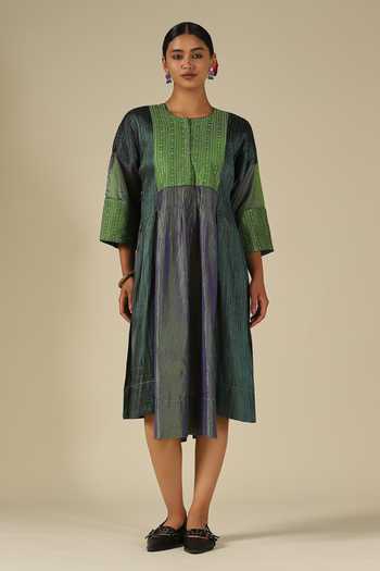 LATHA PUTTANNA_Blue Silk Embroidery Round Neck Thread Dress _Online_at_Aza_Fashions