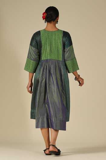 Shop_LATHA PUTTANNA_Blue Silk Embroidery Round Neck Thread Dress _at_Aza_Fashions