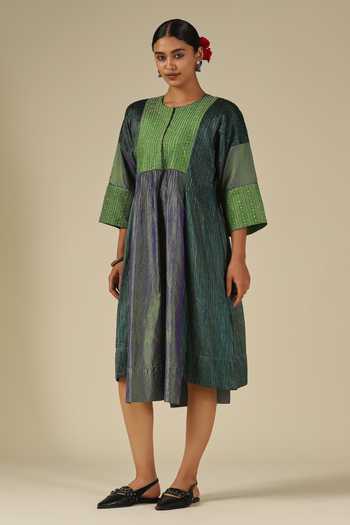 Buy_LATHA PUTTANNA_Blue Silk Embroidery Round Neck Thread Dress _Online_at_Aza_Fashions