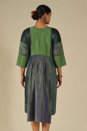 Shop_LATHA PUTTANNA_Blue Silk Embroidery Round Neck Thread Dress _Online_at_Aza_Fashions