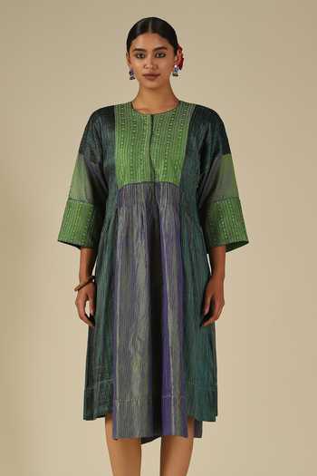 LATHA PUTTANNA_Blue Silk Embroidery Round Neck Thread Dress _at_Aza_Fashions