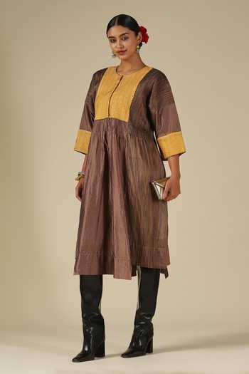 Shop_LATHA PUTTANNA_Gold Silk Embroidery Round Neck Thread Kurta _Online_at_Aza_Fashions