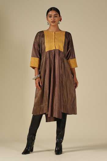 LATHA PUTTANNA_Gold Silk Embroidery Round Neck Thread Kurta _at_Aza_Fashions