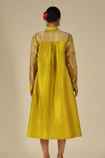 LATHA PUTTANNA_Mustard Silk Embroidery Mandarin Collar Thread Dress _Online_at_Aza_Fashions