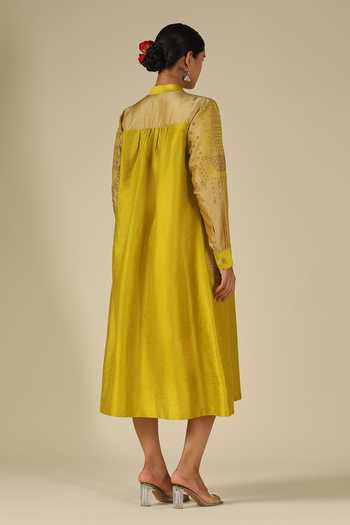 Shop_LATHA PUTTANNA_Mustard Silk Embroidery Mandarin Collar Thread Dress _at_Aza_Fashions