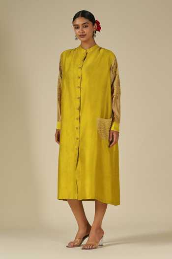 Buy_LATHA PUTTANNA_Mustard Silk Embroidery Mandarin Collar Thread Dress _Online_at_Aza_Fashions
