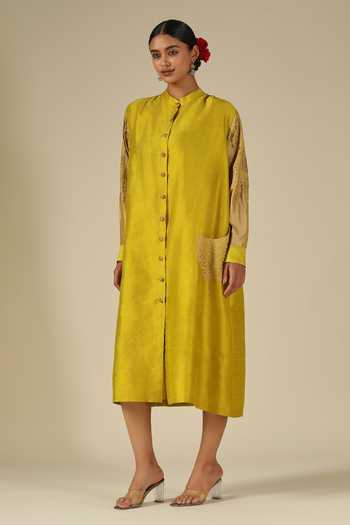 Shop_LATHA PUTTANNA_Mustard Silk Embroidery Mandarin Collar Thread Dress _Online_at_Aza_Fashions