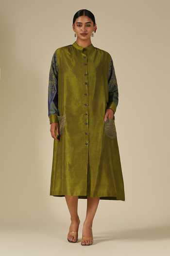 LATHA PUTTANNA_Olive Green Silk Embroidery Mandarin Collar Thread Midi Dress _Online_at_Aza_Fashions