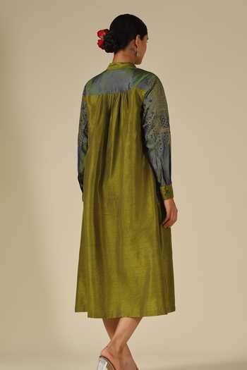 Buy_LATHA PUTTANNA_Olive Green Silk Embroidery Mandarin Collar Thread Midi Dress _Online_at_Aza_Fashions