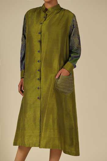 Shop_LATHA PUTTANNA_Olive Green Silk Embroidery Mandarin Collar Thread Midi Dress _Online_at_Aza_Fashions