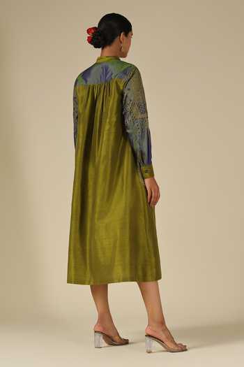 Shop_LATHA PUTTANNA_Olive Green Silk Embroidery Mandarin Collar Thread Midi Dress _at_Aza_Fashions