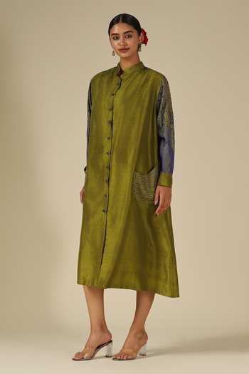 LATHA PUTTANNA_Olive Green Silk Embroidery Mandarin Collar Thread Midi Dress _at_Aza_Fashions